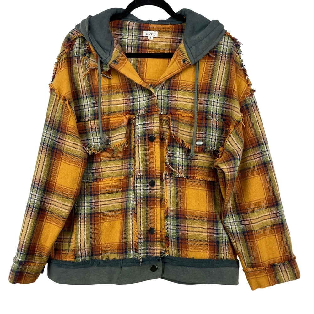 POL Oversized Small Plaid Hooded Shacket Yellow Distressed Cotton Flannel Jacket
